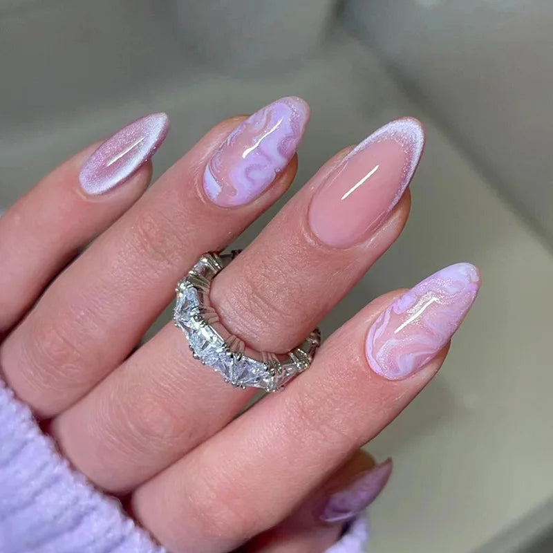 24Pcs Almond Green Press on Fake Nails with Glue Simple Oval Manicure Set Short Flowers Design False Nails Full Cover Nail Tips 1534