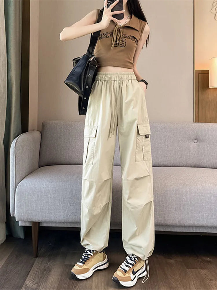 Vintage Retro Solid Women Cargo Pants Quick Dry Spring Summer Elastic Waist Casual Streetwear Straight Trousers