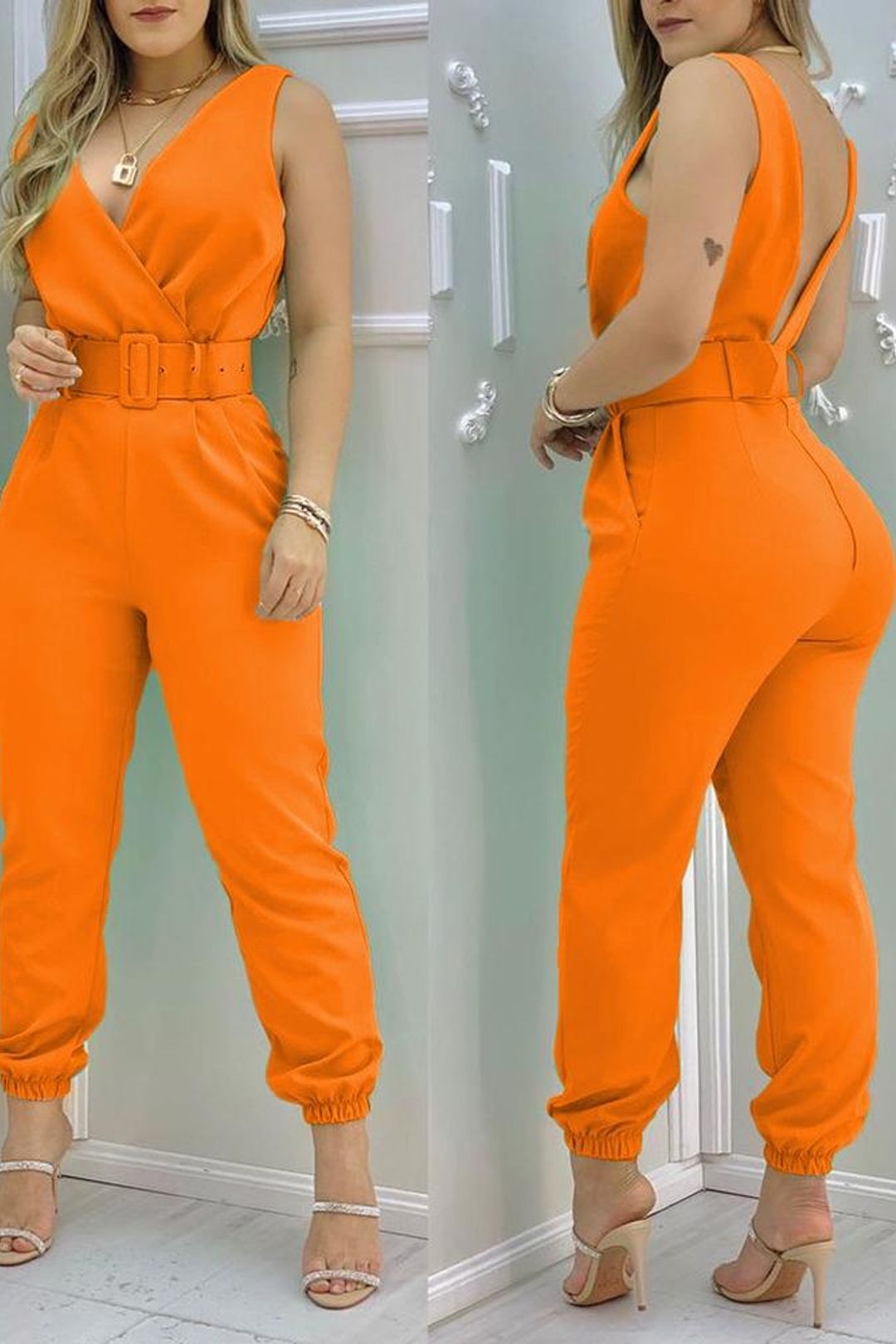 Woman Jumpsuits Elegant Jumpsuits Sexy V-neck Sleeveless Printed Jumpsuit New Fashion with Belt Vest Playsuit Streetwear C