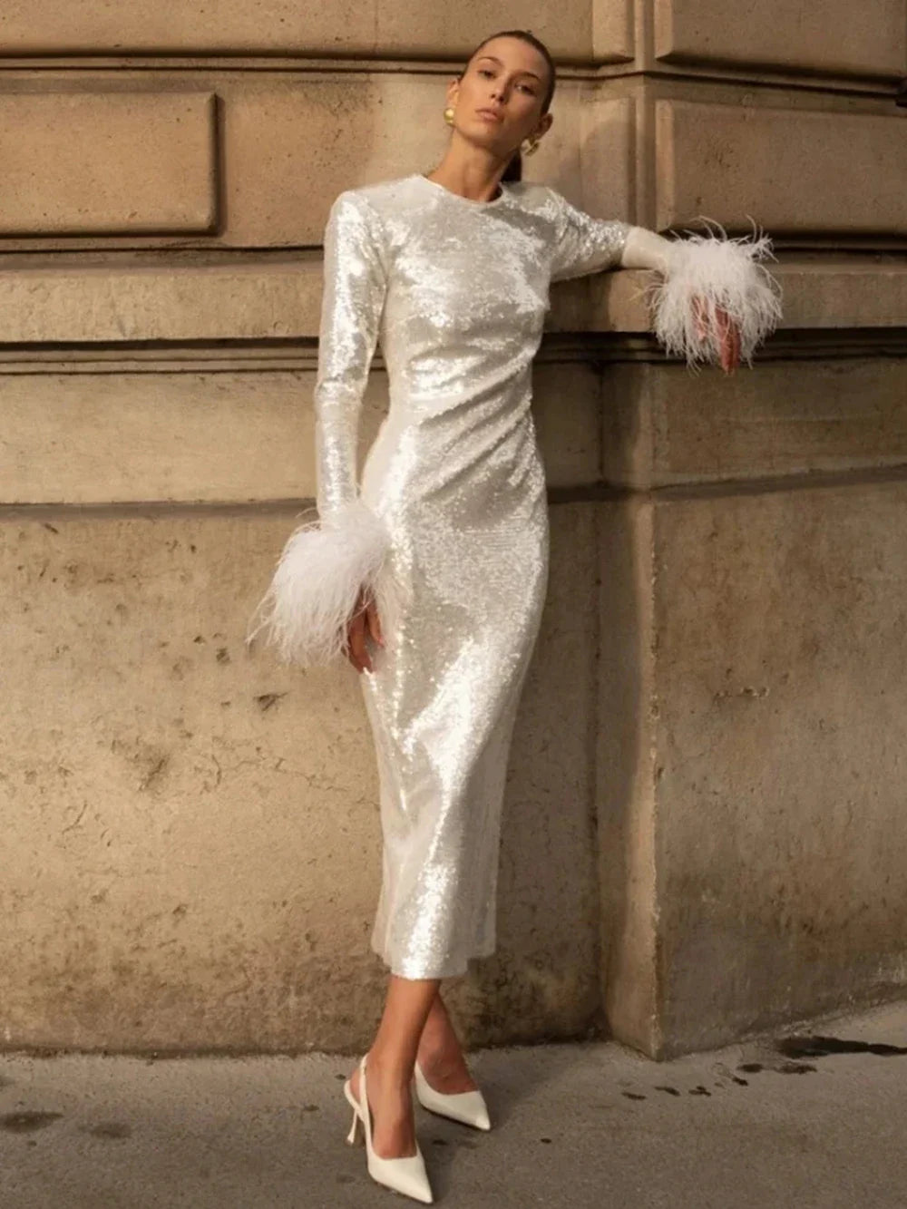 Modphy Women O Neck Long Sleeve Luxury Sequin Feather Bodycon Dress White Elegant Skinny Dress Celebrity Evening Party Beige