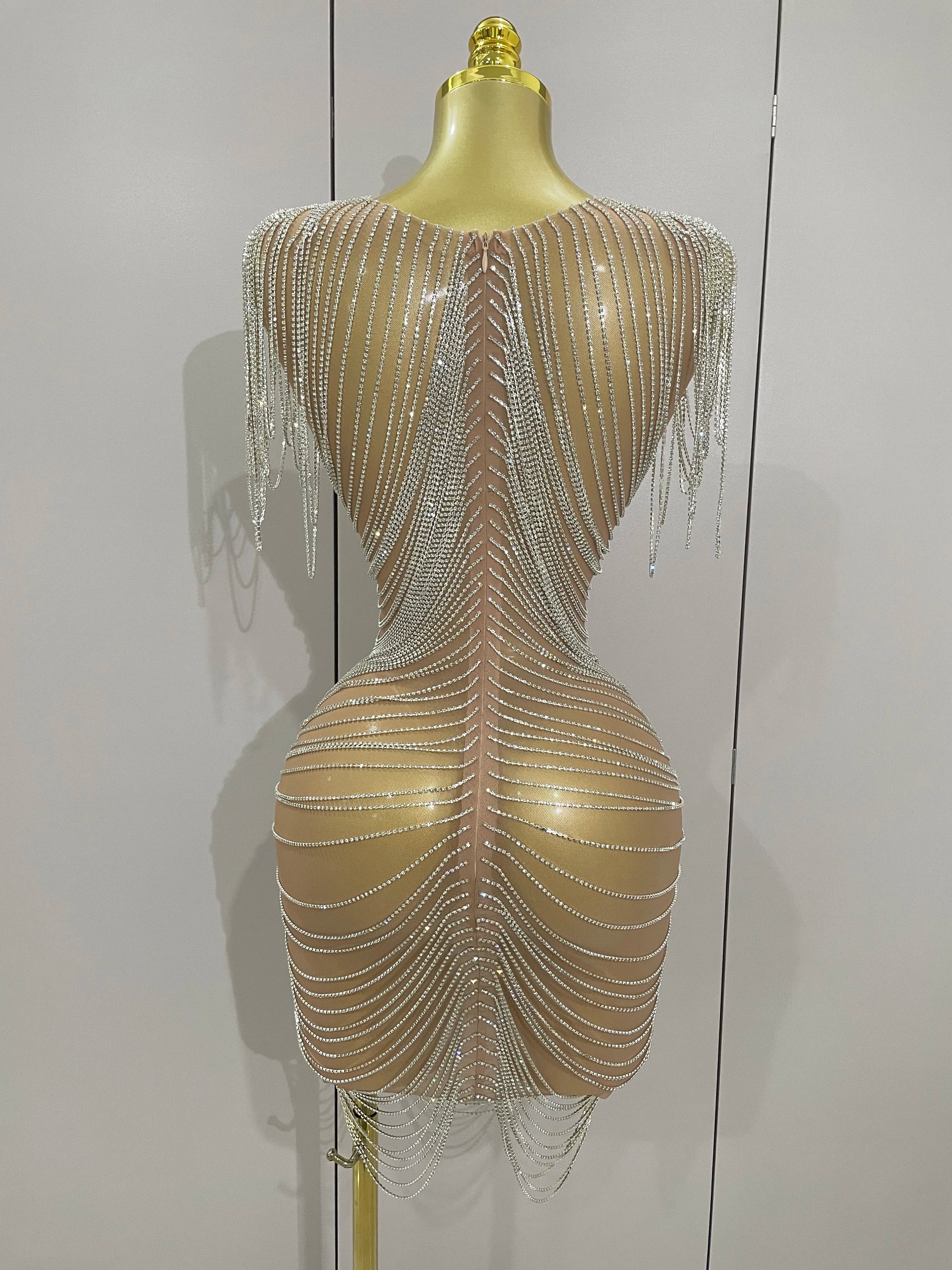 2025 New Sparkly Diamonds Crystal Sexy Mesh See Through Mini Dress Women Birthday Party Club Celebrate Stage Performance Costume