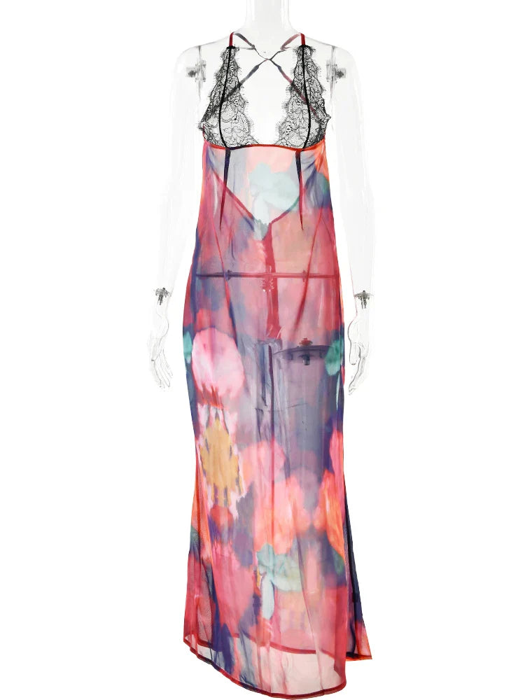 JULISSA MO Elegant Tie Dye Floral Chiffon Dress Summer Sexy Women Backless Lace Bodycon See Through Beach Party Vestidos
