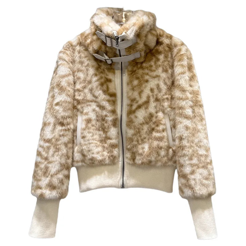 Winter New Style Leopard Print Fur Belt Buckle Collar Waist-Cinching Fur Coat For Women High Street Jacket 11A07761