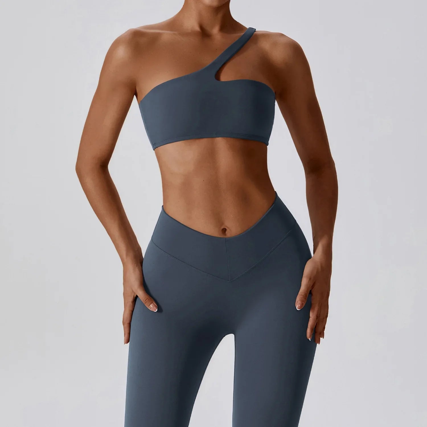 2 Piece Yoga Suit Women's Gym Fitness Push-up Clothes High Waist Leggings One Shoulder Sports Bra Workout Set Fitness Sportswear Lunar limestone