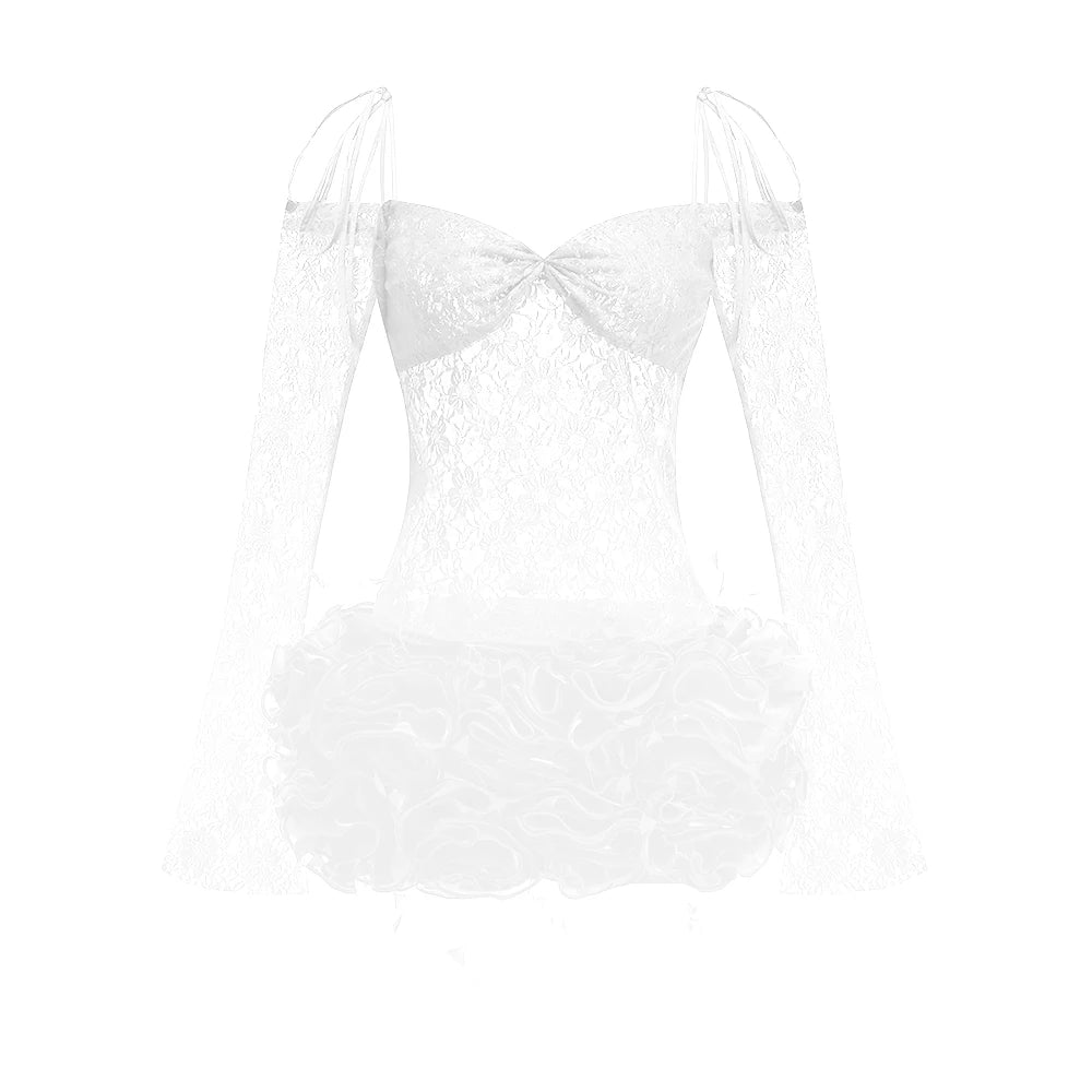 Sweet Fairy-Tale White & Red Off-Shoulder Lace & Puff Skirt Dress Outfit for Themed Parties WHITE