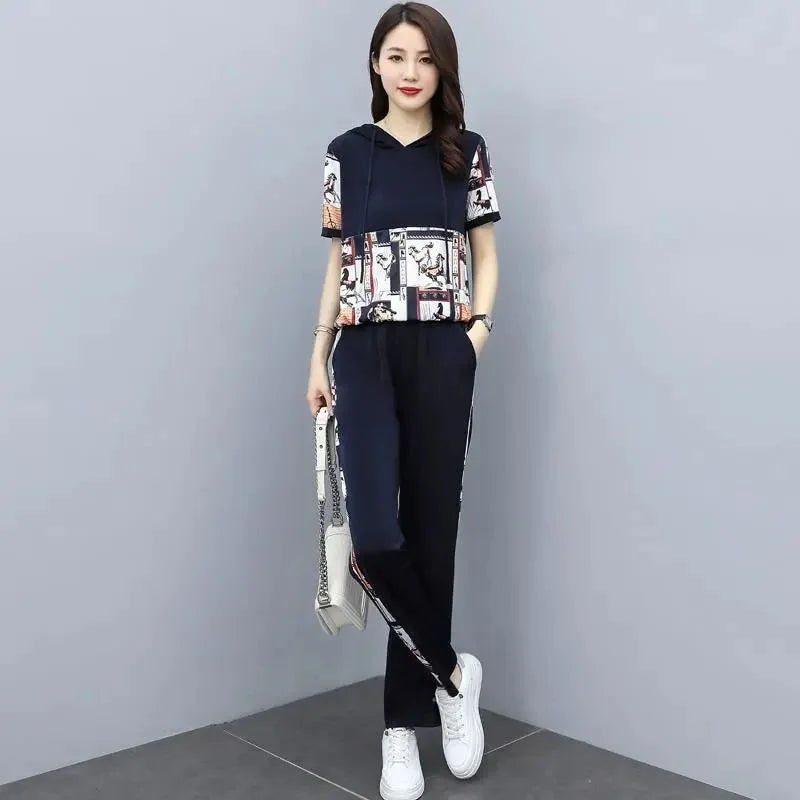 Women's Large Autumn New Casual Suit Loose Fashion Printed Hooded Short Sleeve Tops And Pants 2 Two Piece Set Plus Size Clothing black