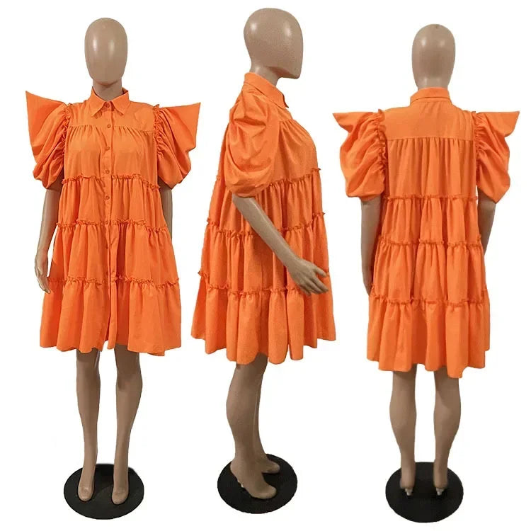 Elegant Women Puff Short Sleeve Smock Dress 2022 Summer Chic Big Swing Loose Turn-down Neck Sundress Vestidos Orange
