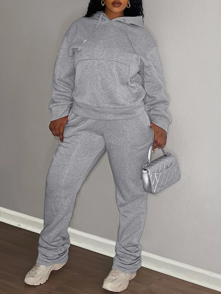 LW Plus Size Two pieces sets Hooded Collar Kangaroo Pocket Hoodie Top + Stacked pants sets casual Tracksuit Set for Autumn winte GRAY