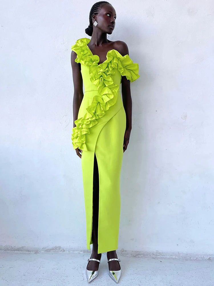 Women Sexy One Shoulder Ruffles Neon Green Split Maxi Long Bandage Maxi Dress Elegant Evening Club Party Cocktail Outfits