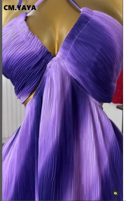 CM.YAYA Women Sleeveless Strap Gradient Printed Big Swing Dress 2025 Beach Holiday Evening Night Party Vestidos Sexy Dresses