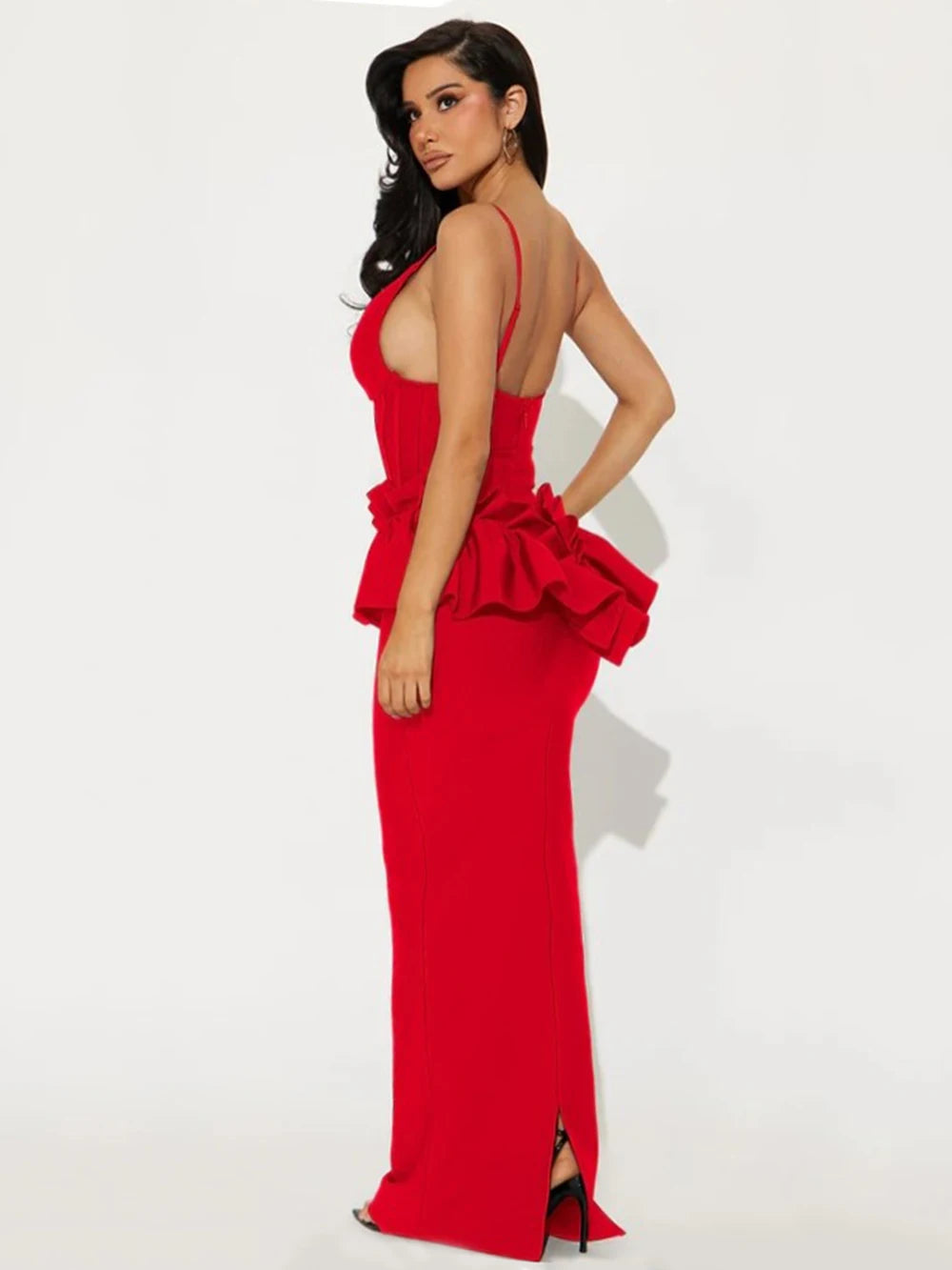 Sexy Women Long Bandage Dress Ruffle Sleeveless Slim Solid Summer Party Fishbone Maxi Dress Clubwear Female Vestido Outfits