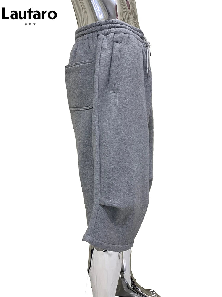 Lautaro Summer Autumn Loose Casual Soft Grey Wide Leg Shorts for Men Drawstring Elastic Waist Knee Length Sweatpants Pants 2025