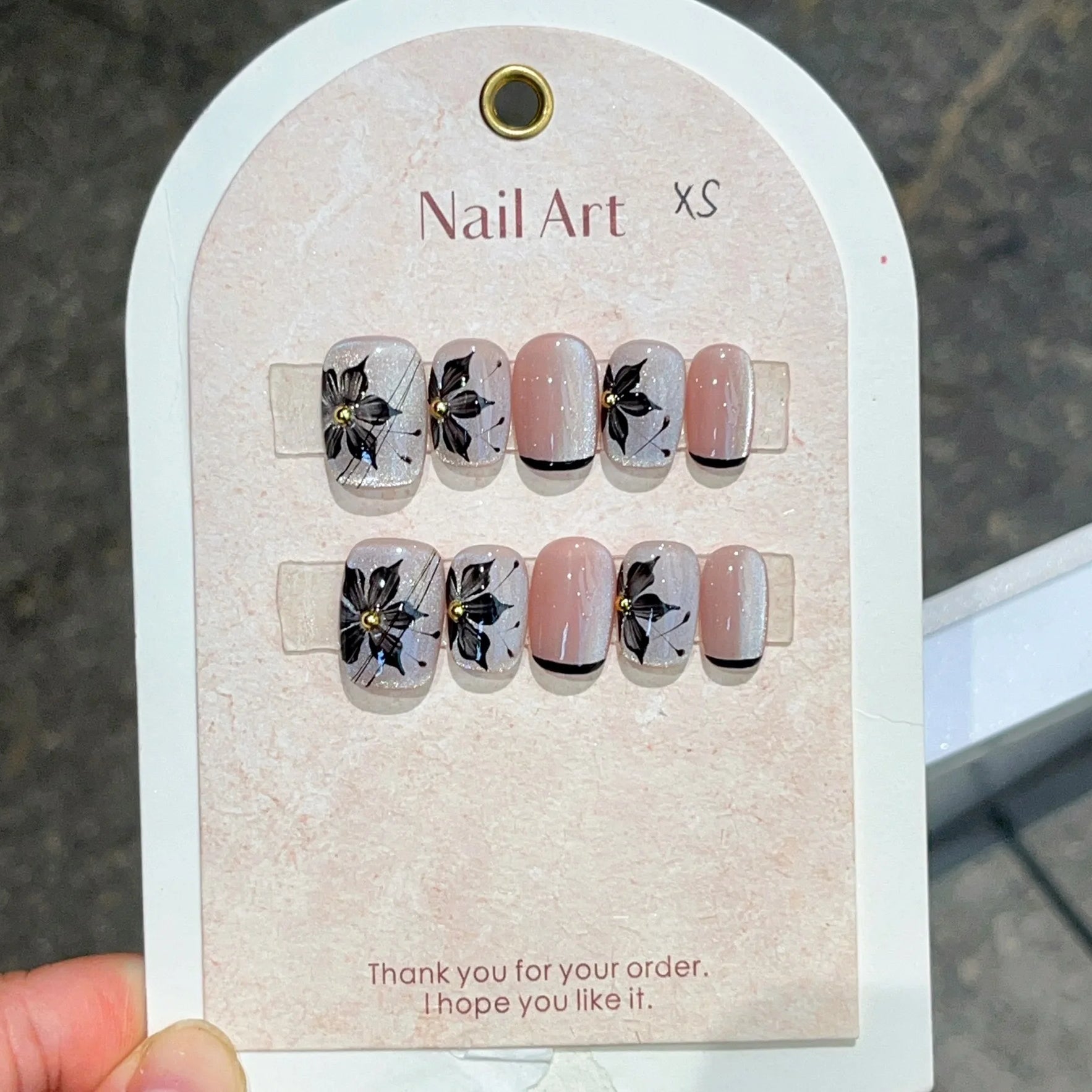 10Pcs Short Square Shimmery Rose Handmade False Nail Lovely Cat Eye Gel Nails with Glue Pearl French Press on Nail Manicure Tips 4 M