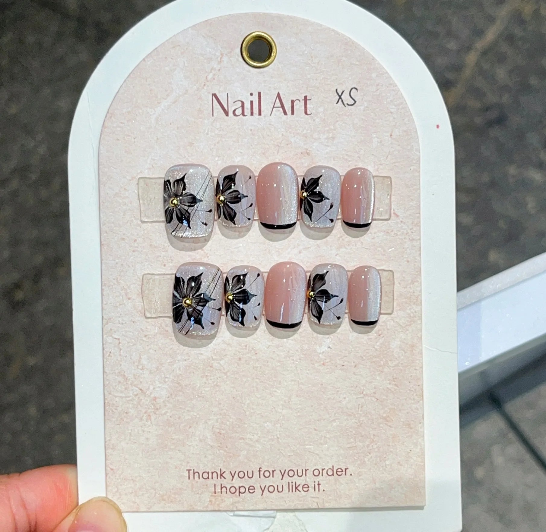 10Pcs Short Square Shimmery Rose Handmade False Nail Lovely Cat Eye Gel Nails with Glue Pearl French Press on Nail Manicure Tips 4 M