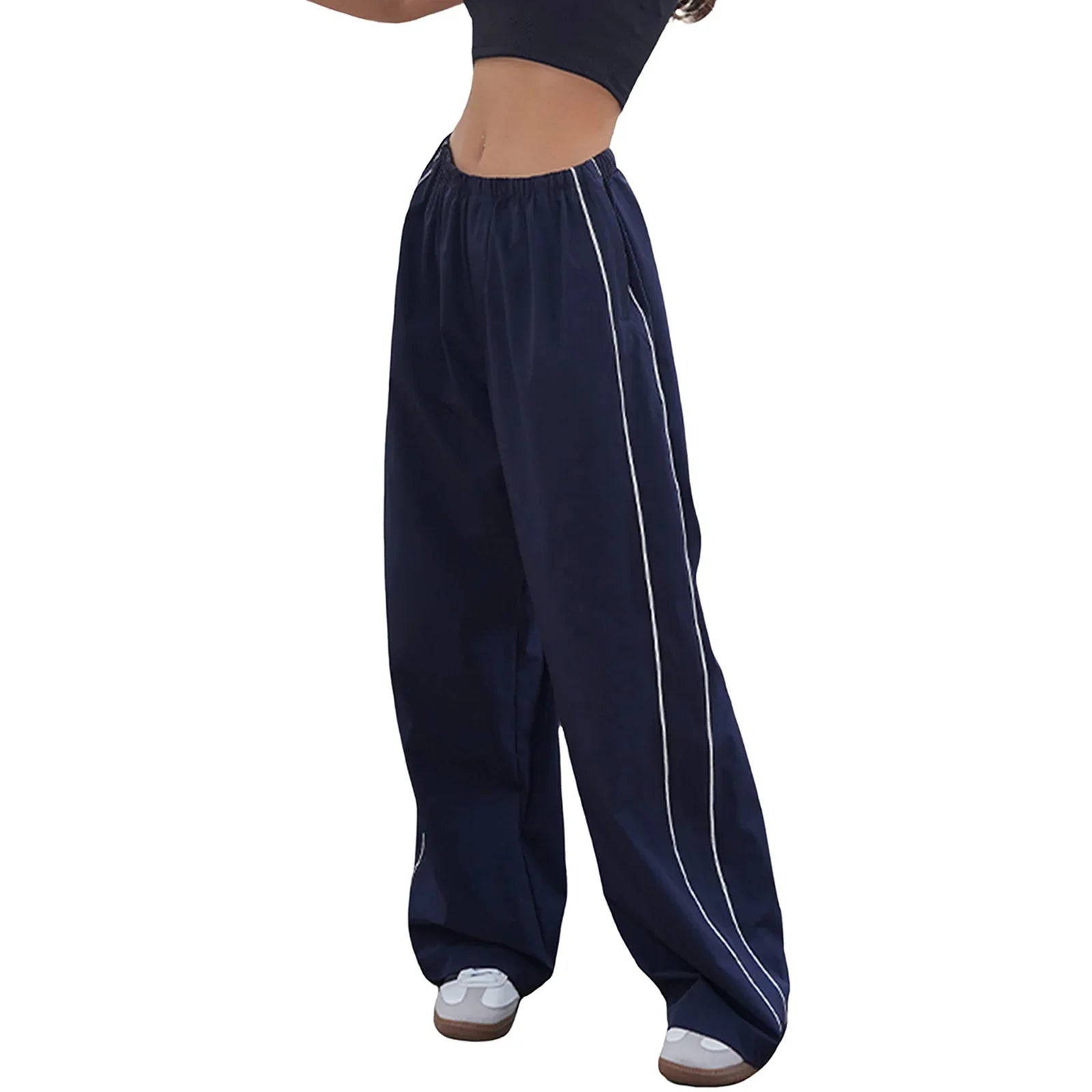 Women s Y2k Elastic Waist Cargo Pants Loose Solid Color Joggers Workout Pants with Pockets Streetwear Navy Blue