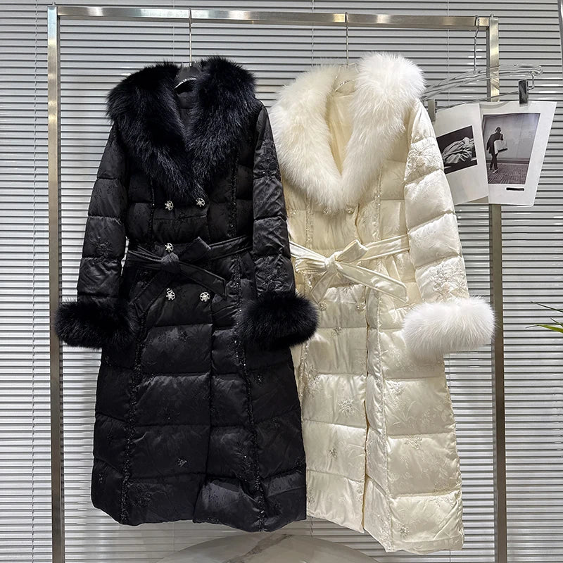 Winter New Fashion Style Large Fox Fur Collar Embroidered Long Cotton Jacket For Women High Quality Warm Coat 11A07799