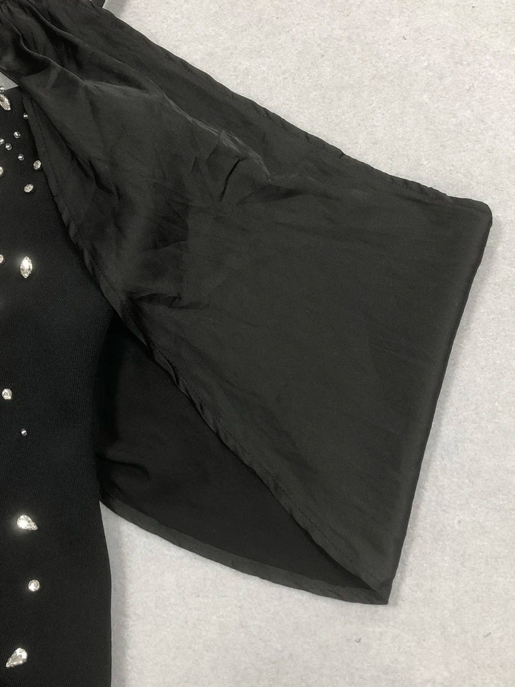 Eye-Catching Off-Shoulder V-Neck Hot Pink & Black Dress with Crystal Party Evening Gown