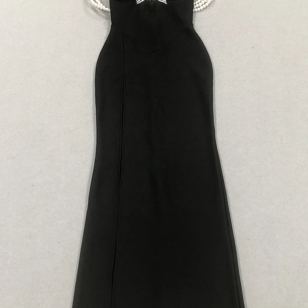 Women Sexy Black Pearl bead Maxi Long Bodycon Bandage Dress 2025 Celebrity Elegant Evening Club Party Luxury Birthday Gowns