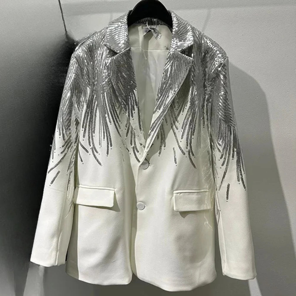 Solid Spliced Sequins Elegant Jackets for Women Lapel Long Sleeves Patchwork Single Breasted Jacket Female Fashion WHITE