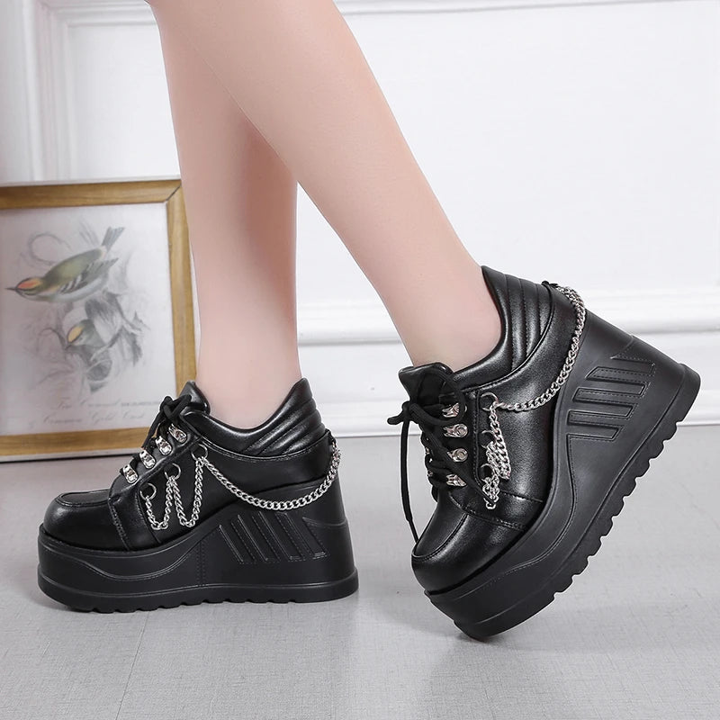 Women Pumps Metal Decoration Platform Flat Heel Female Shoes Ladies Wedge Lolita Gothic Harajuku Punk Footwear