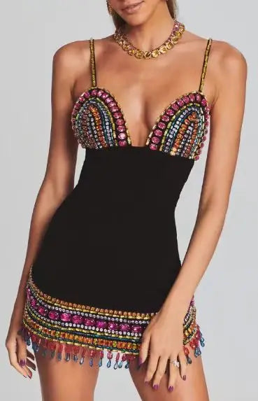 STOCK Colorful Diamonds Sexy V-Neck Spaghetti Strap Mini Bandage Dress Fashion Woman Evening Dress Holiday Vocation Vestido black