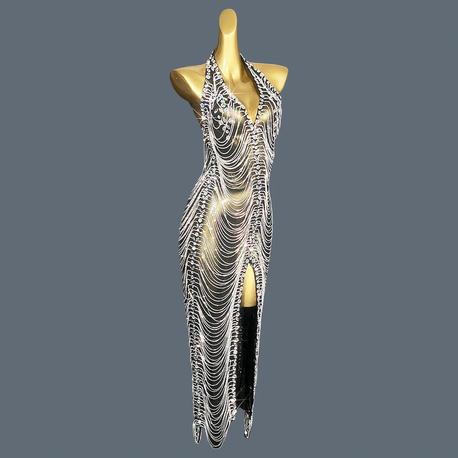 Sparkly Rhinestone Backless Evening Dress Mid-Calf Dinner Party Dress Sleeveless High Side Slit Club Gown for Women Star Heiwan