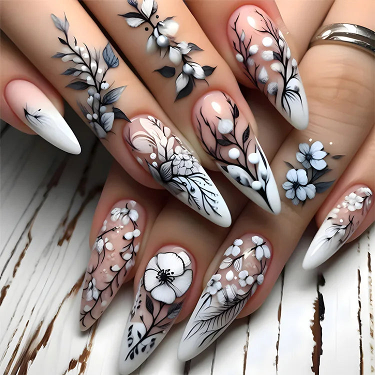 24Pcs Retro French Fake Nails with Moon Leaves Design Wearable Glitter False Nail Mid-length Almond Reusable Press on Nails Art 3