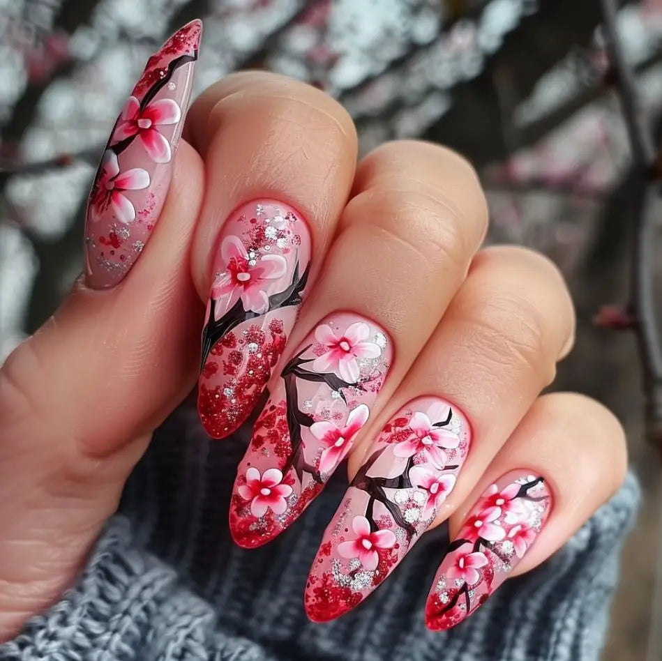 24pcs/set Medium long fake nails yellow dragon flowers feather design for Spring summer Square almond tips press on false nail 2223