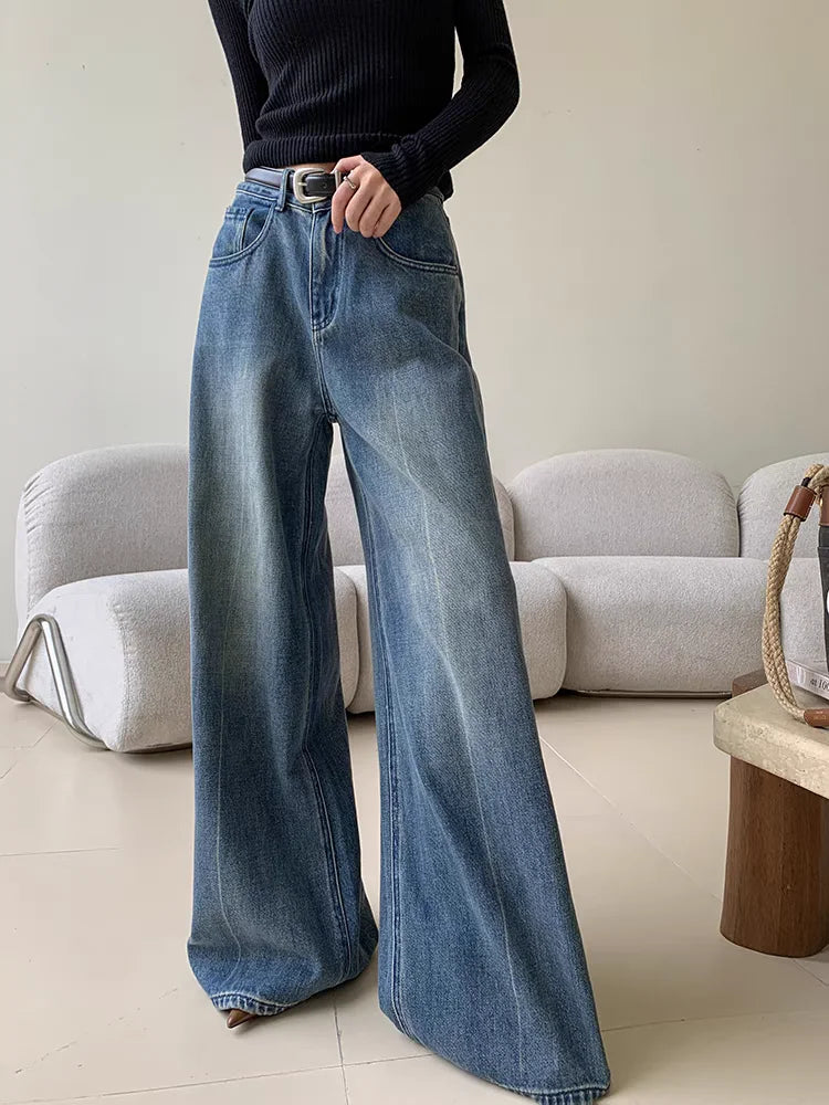 Spring Women's Casual Style Harajuku Jeans Vintage High Waist Oversized Blue Pants Y2K Wide Leg Punk Baggy Denim Trouser Blue