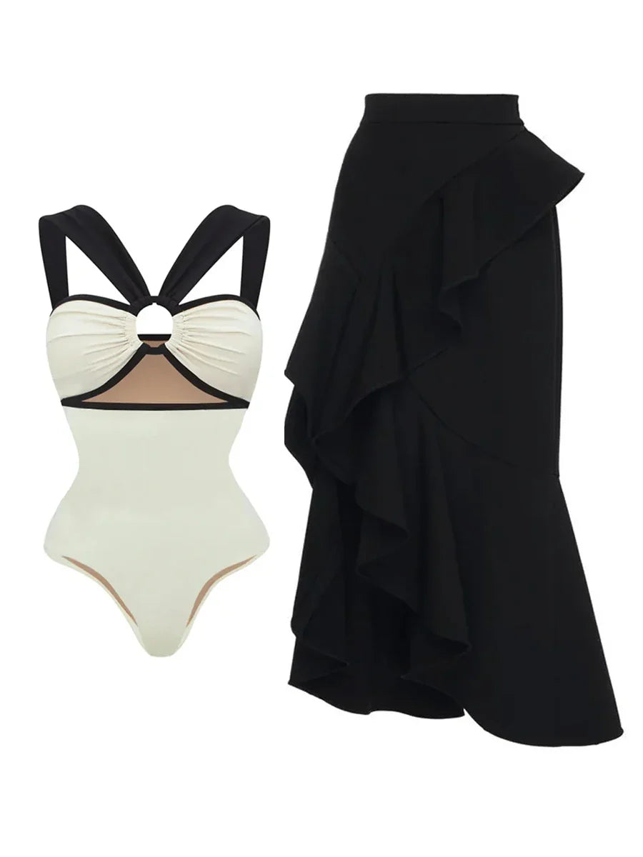 Milky White One-piece Swimwear Design Cut-out Stylish Elegant Swimsuit Body Fit Summer Vacation Seaside Swimsuit And Cover Up
