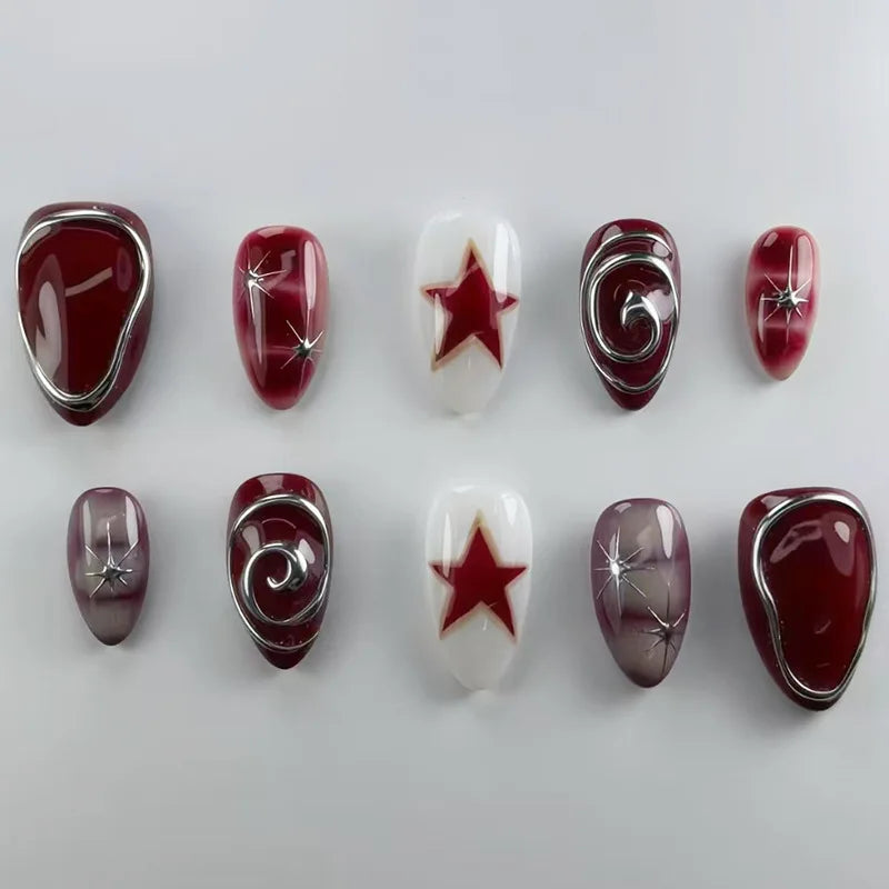 24Pcs 3D Green Ripple Design False Nails Cat's Eye French Almond Fake Nail Tips Leaves Pattern Removable Oval Press on Nails 2000