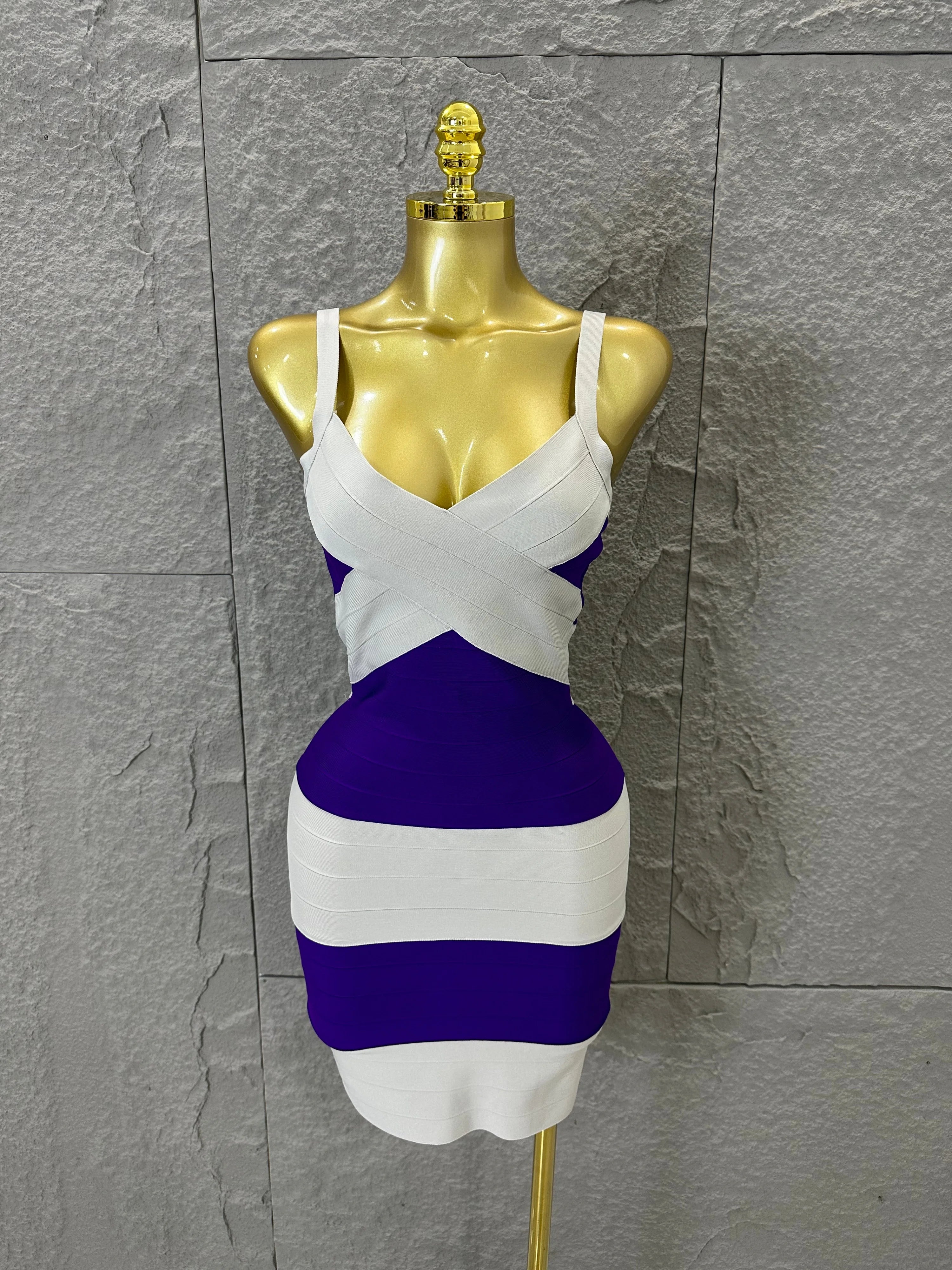 Chic Purple White Striped Bandage Dress Women Sleeveless Sweetheart Neck Bodycon Formal Office Casual Event Wear PURPLE