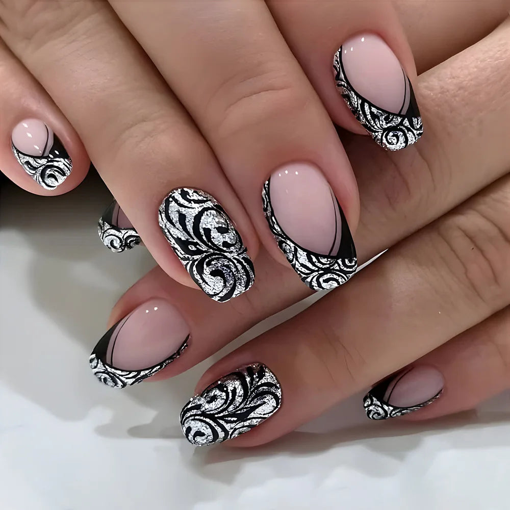 24pcs/set Medium long fake nails square ballet tips flowers butterfly for spring summer season blue green press on false nail 1544