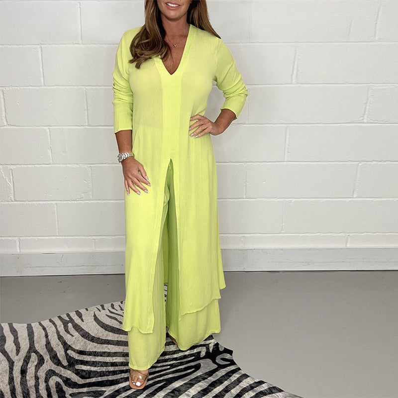 Vintage Casual Wide-Leg Pants Two-piece Set Spring Summer Office Lady Outfits Fashion V-Neck Split Long Tops Women Suit Homewear 6