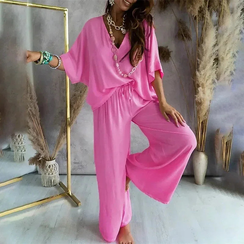 2024 Summer Fashion New Women's Elegant Loose High Waist Plus Size Set Off Back Elastic Waist Retro Women's Two Piece Set Pink