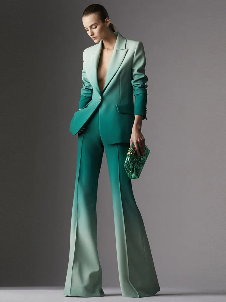 HIGH STREET Newest Fashion Designer Suit Set Women's Gradient Color Printed Single Button Blazer Flare Pants Suit 2pcs
