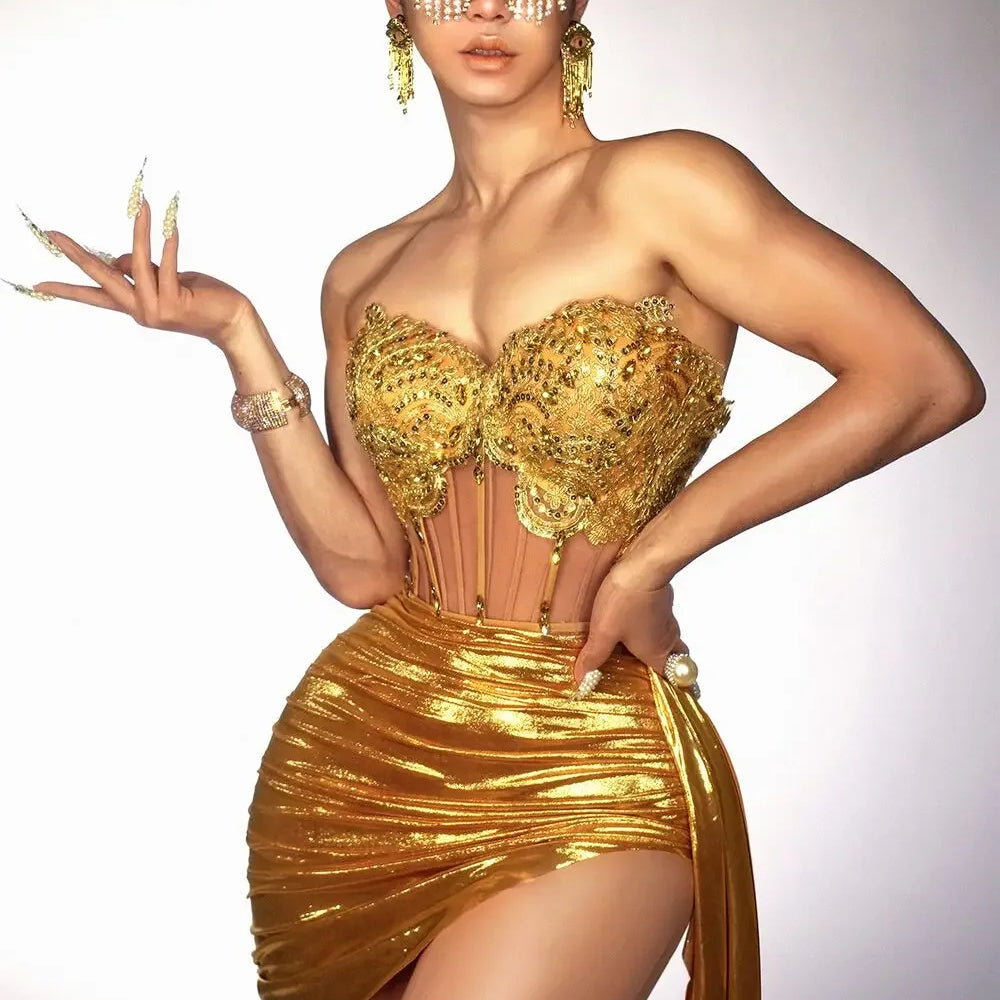 Christmas Style Women Sexy 2 Pieces Beading Draped Bodycon Mini Dress Nightclub Party Celebrate Bar Singer Performance Costume Gold