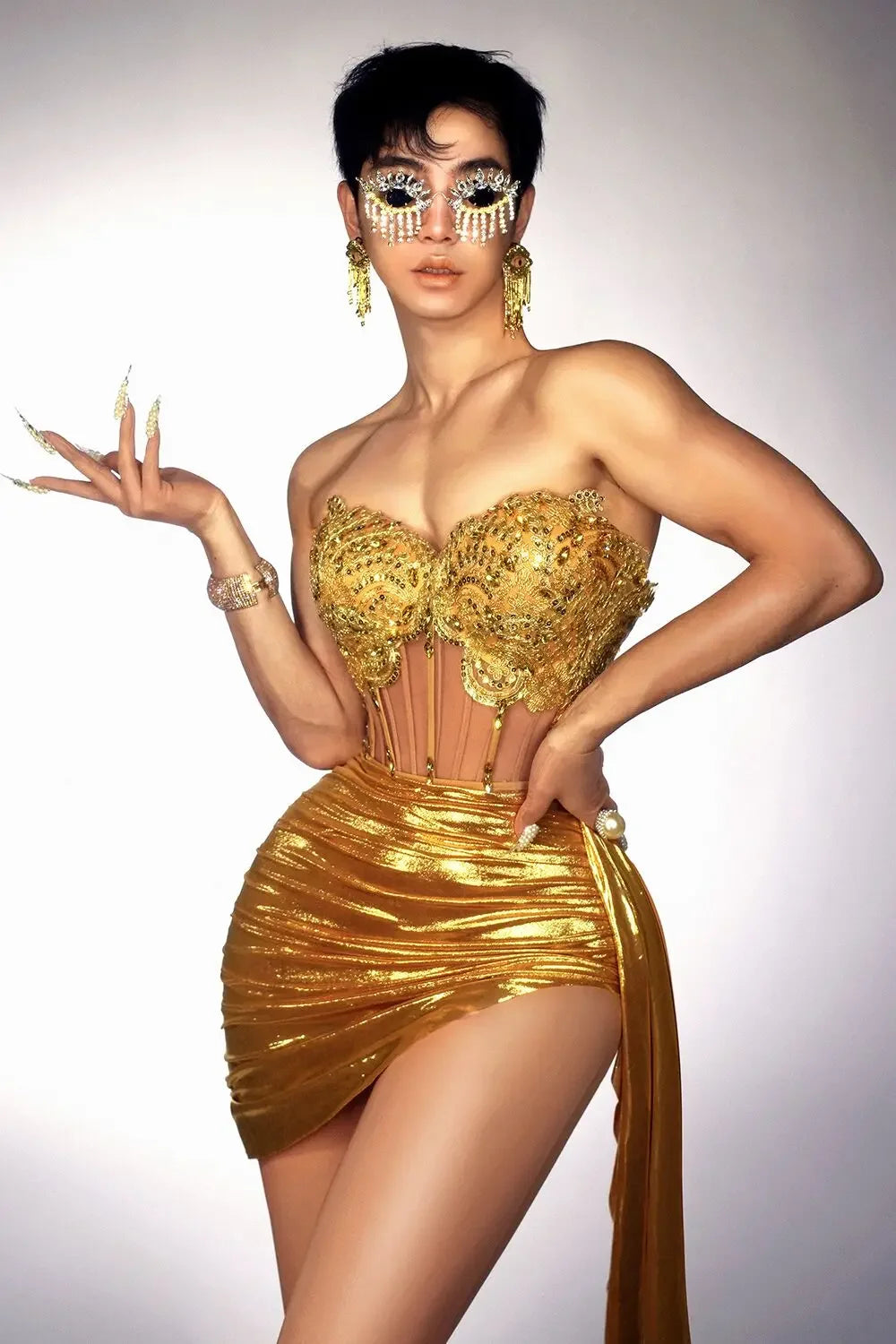 Christmas Style Women Sexy 2 Pieces Beading Draped Bodycon Mini Dress Nightclub Party Celebrate Bar Singer Performance Costume Gold