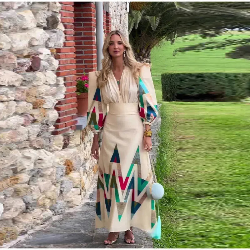 Vintage Printed Pleated Suit Dress Shoulder Pads Puff Sleeve V-neck Top High Waist Skirt Female New Spring Autumn Lady Suit