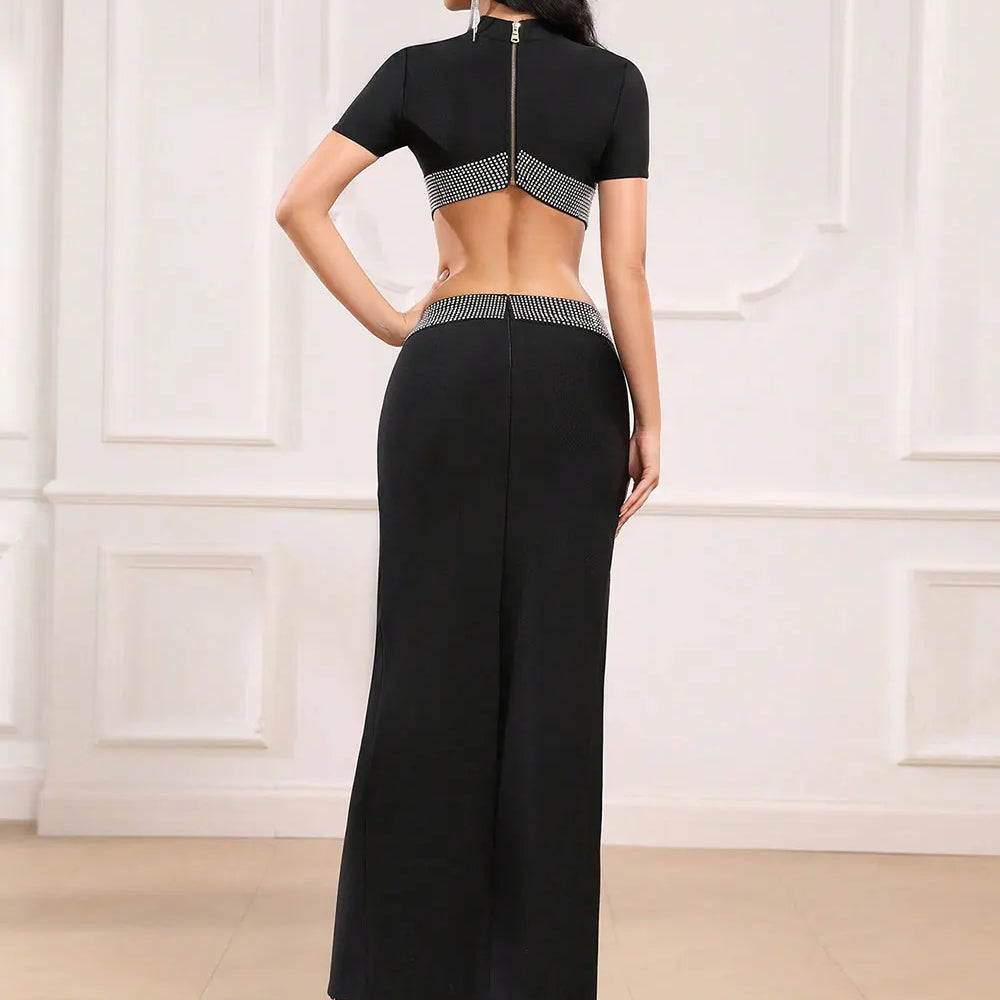 2025 Sexy Women's Water Diamond Waist Design Bandage Dress Stand Collar Long Sleeve Bodycon Split Length Dresses Party Vestidos