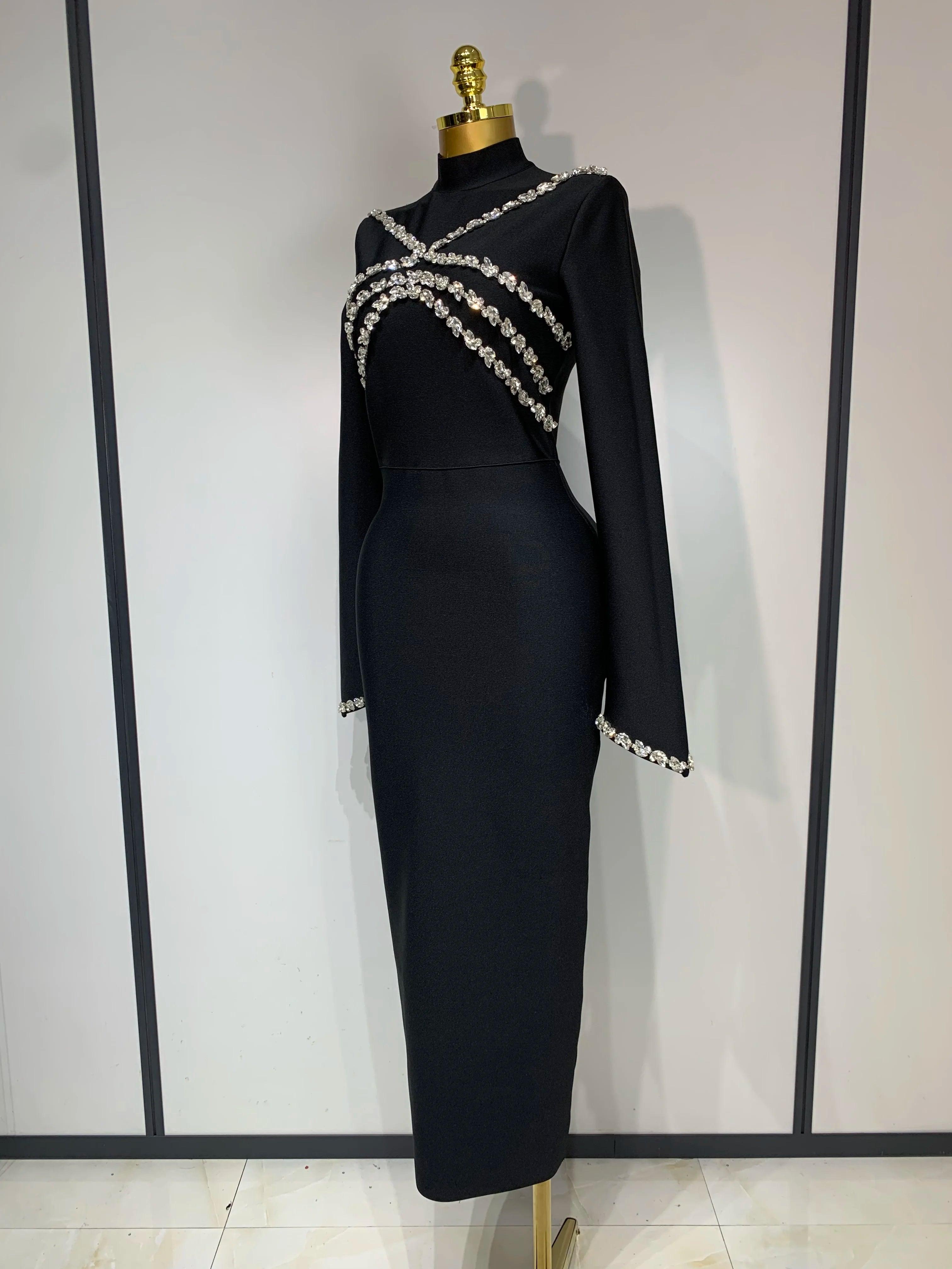 Women Long Sleeve Shinning Crystal Bodycon Long Bandage Dress Celebirty Elegant Evening Party Luxury Birthday Dress