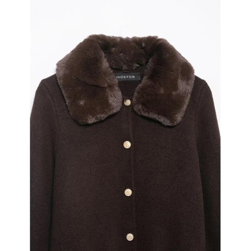 Autumn Winter Women Cardigan with Faux Fur Collar Casual Pocket Button Women's Coat Fashion Female Sweater Chic Elegant Tops