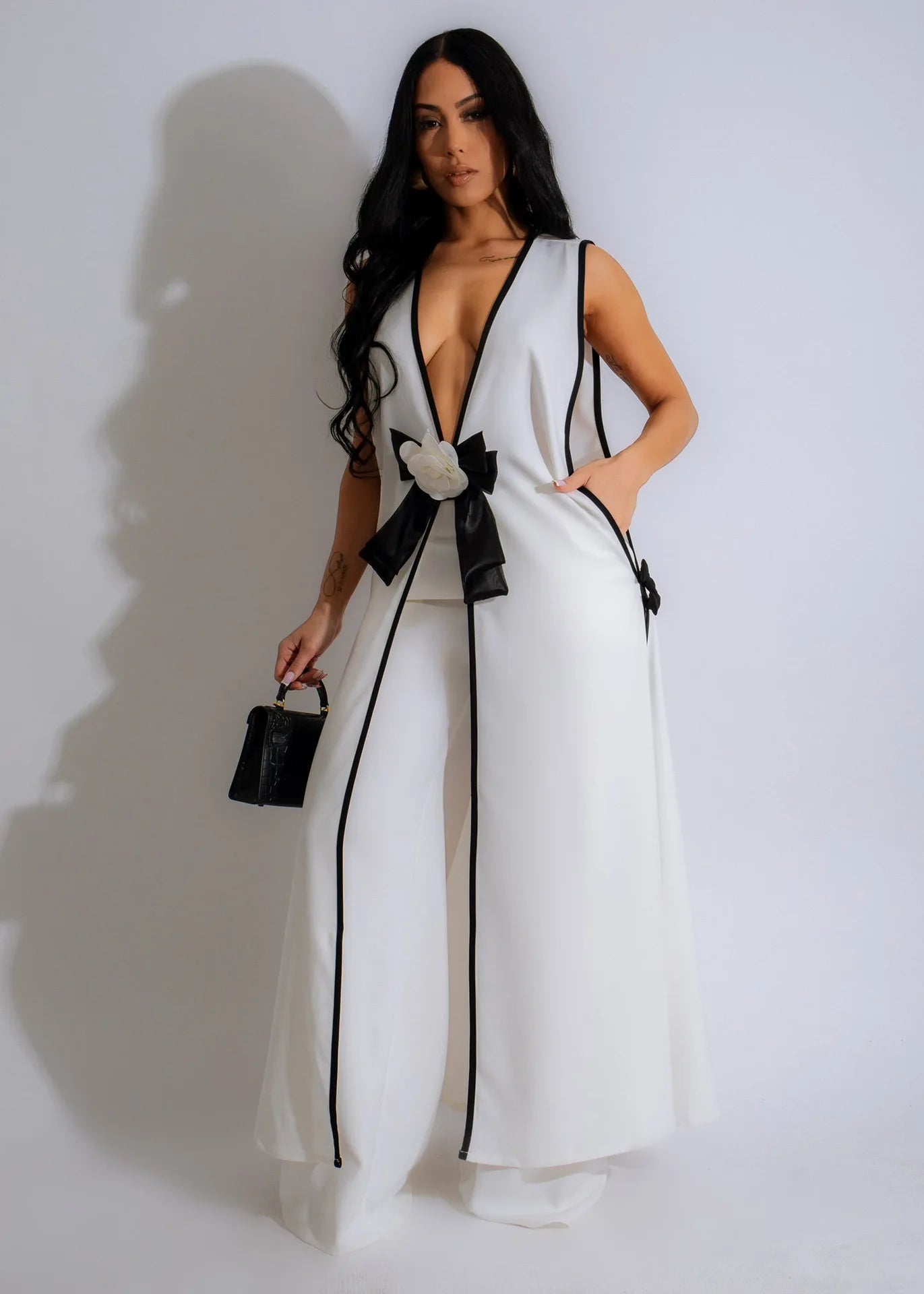 Women Set 3D Flower Sleeveless V-neck X-long Shirt Coats + Wide Leg Pants Two 2 Piece Sets Fashion Outfits 2024 Summer White