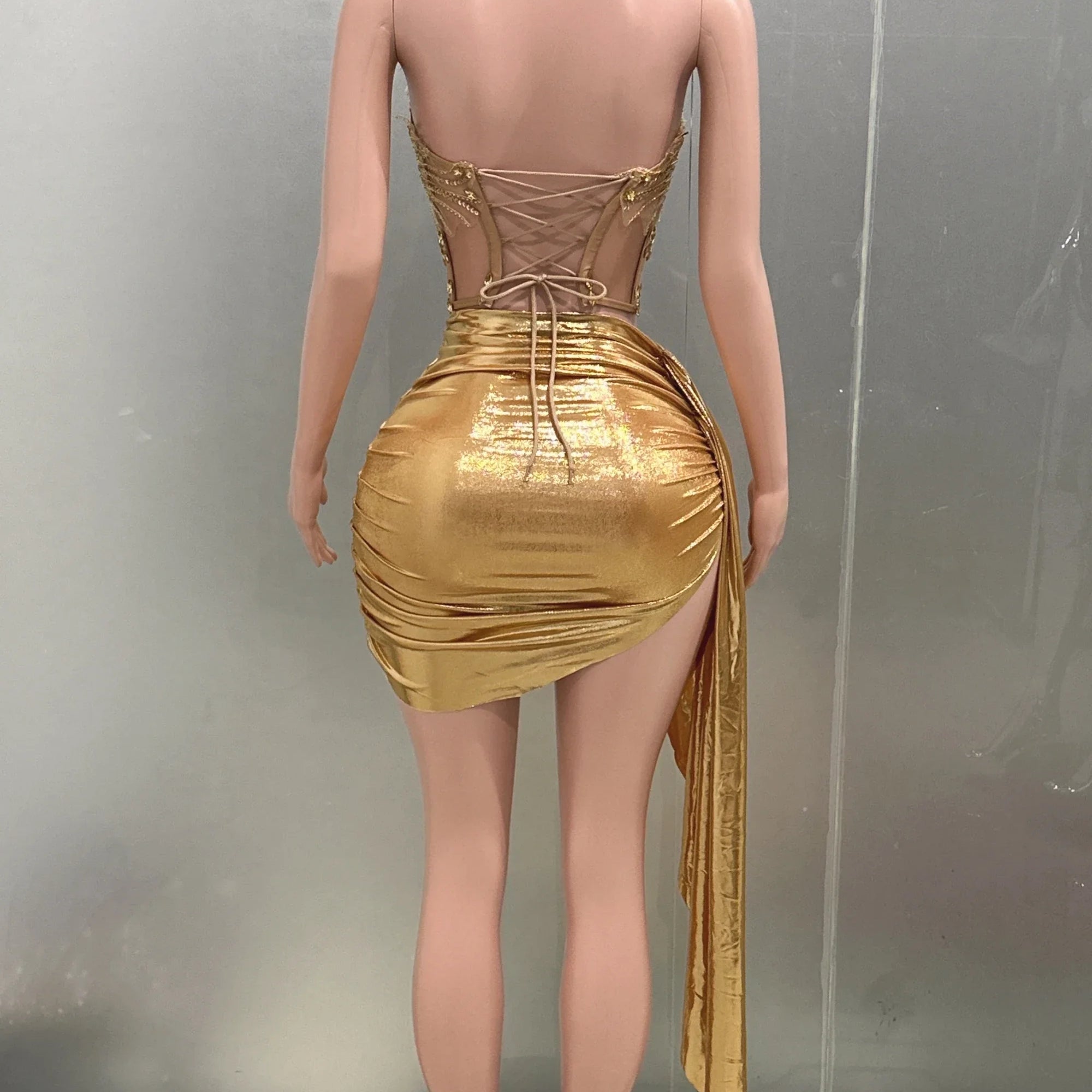 Gold Color Women Sexy 2 Pieces Strapless Bodycon Mini Dress Bar Singer Nightclub Party Celebrate Birthday Dress Wholesale