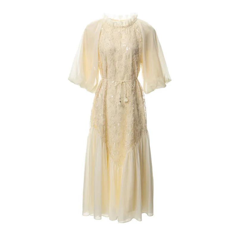 TWOTWISTYLE Solid Loose Spliced Embroidery Elegant Dresses for Women Round Neck Half Sleeves Patchwork Sequins Dress Female New APRICOT