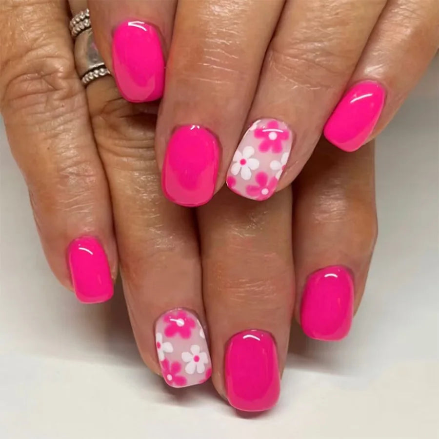 24Pcs Colorful French Press on Fake Nails with Glue Short Square Nail Art Tips Flower Design Wearable Full Cover False Nails 822