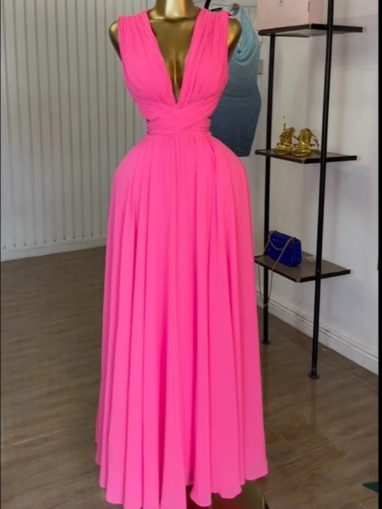 CM.YAYA Women Sleeveless Cutout Back Wrap V-neck Pleated A-line Chiffon Maxi Long Dress Birthday Vacation Sexy Party Dresses