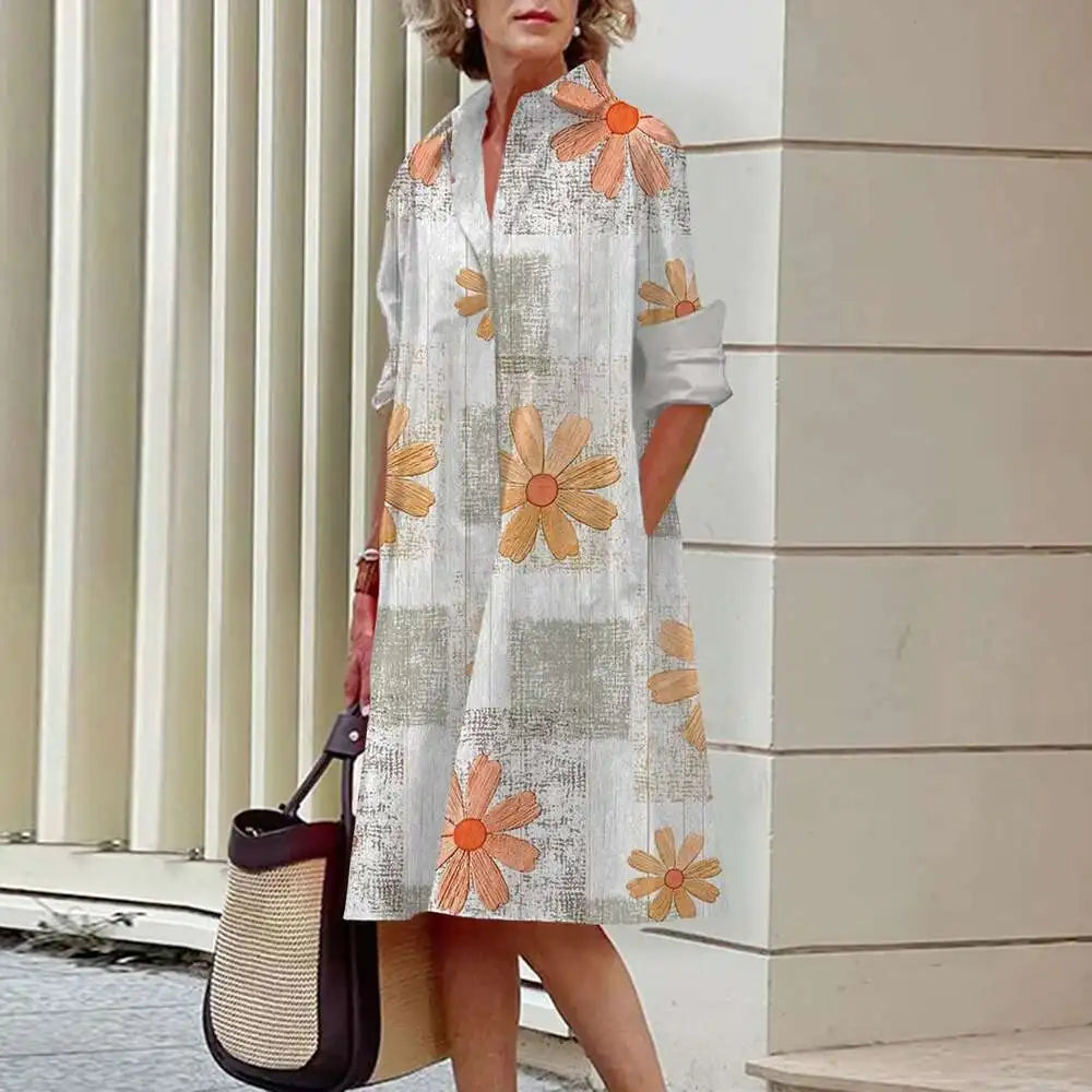 Women's Elegant Shirt Dresses Fall Fashion Floral Long Sleeve Loose A-Line Dresses Women's Office Ladies Red Green Lapel Gowns