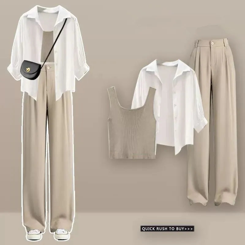 Women High Waist Long Denim Pants 2024 Summer Lady Daily Solid Shirt Vest Jeans 3 Piece Set Korean Fashion Blouse Tank Top Suits Khaki Set A