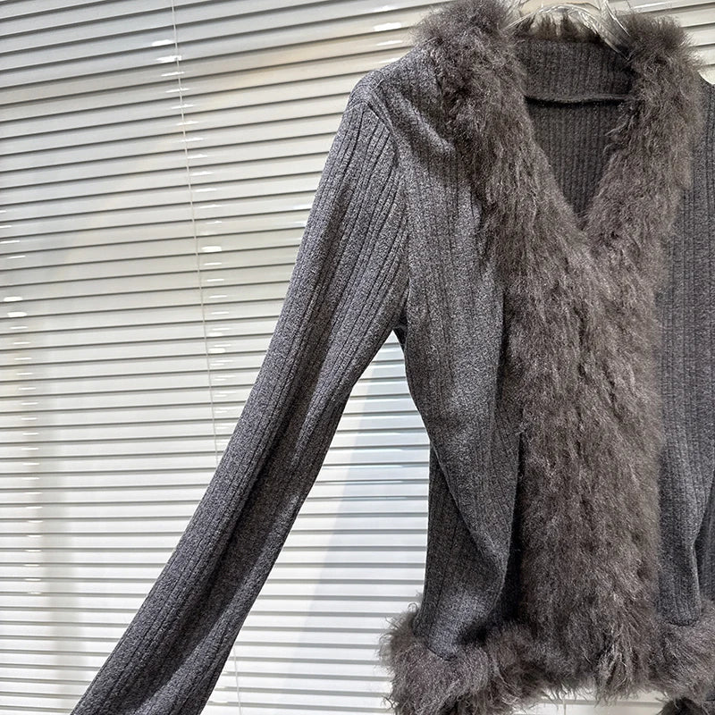 Winter New Fashion V-Neck Fur Collar Patchwork Long Sleeve T-Shirt For Women Versatile Knitted Cardigan 11A07844